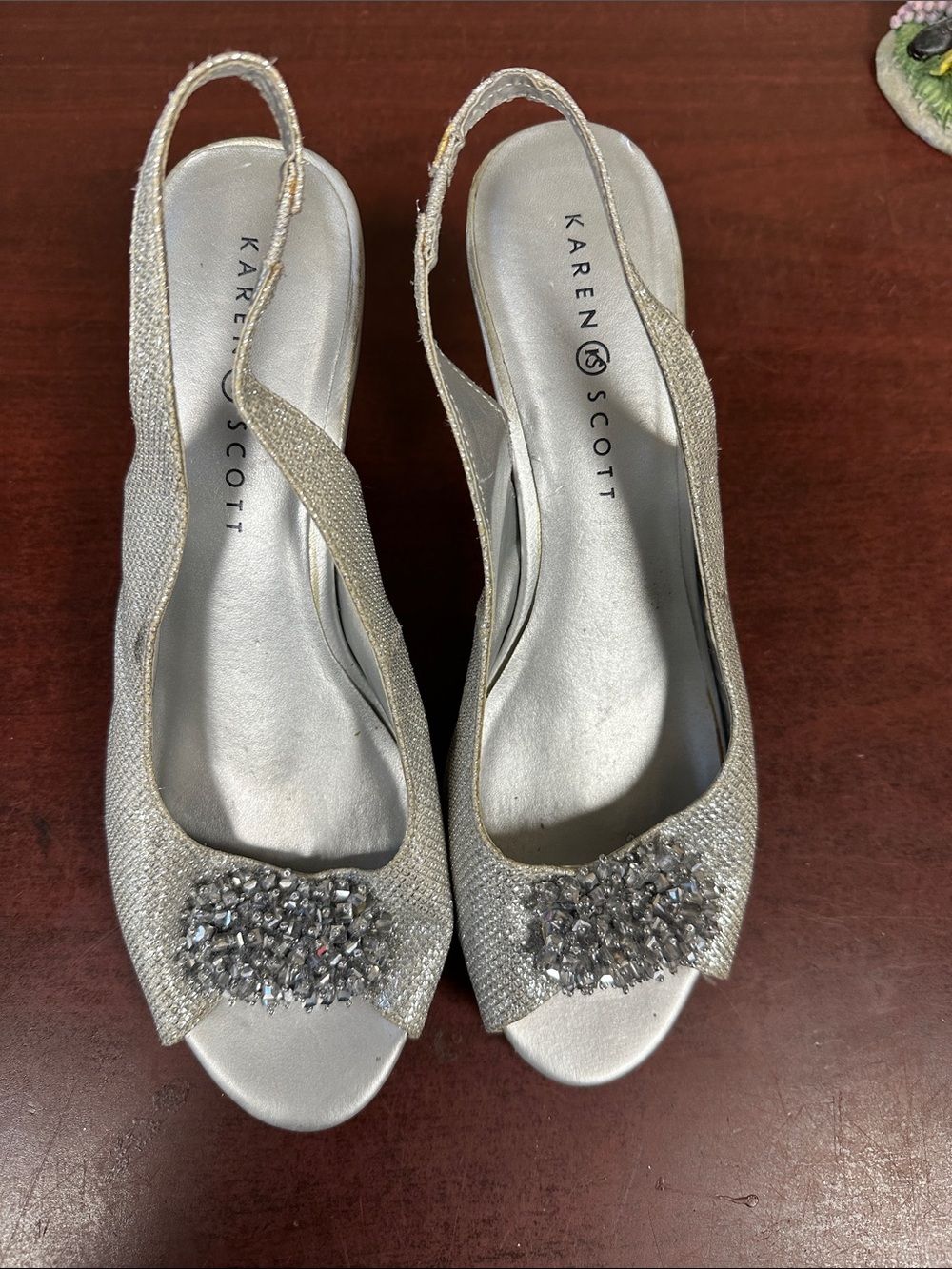 Karen Scott Silver Slingback Peep-Toe Mules with Crystal Accent